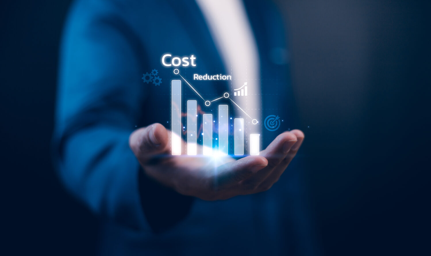 Cost and quality control, business strategy and project management concept. Businessman use computer laptop with quality control growth graph and cost reduction, control budget cost and improvement. Businessman analyzing quality control and cost reduction graph on laptop, illustrating strategies on how to reduce operational costs at sports facilities.