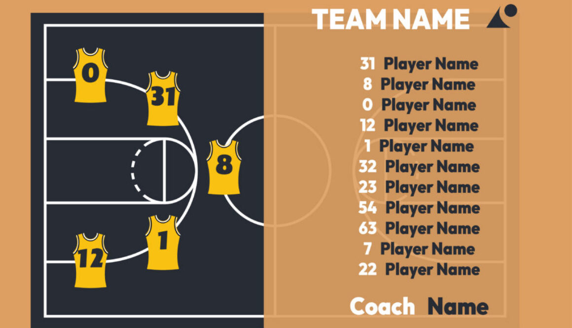 Roster management concept showing basketball starting lineup infographic with team roster, player positions on court, and coach details