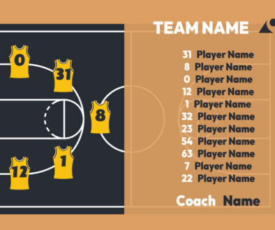 Roster management concept showing basketball starting lineup infographic with team roster, player positions on court, and coach details