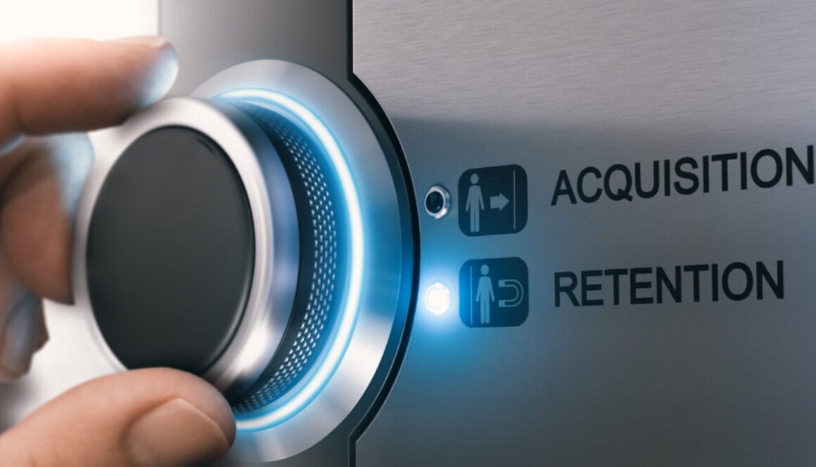 A hand turning a dial toward "Retention" instead of "Acquisition," symbolizing the importance of Member Retention Strategies in business growth.