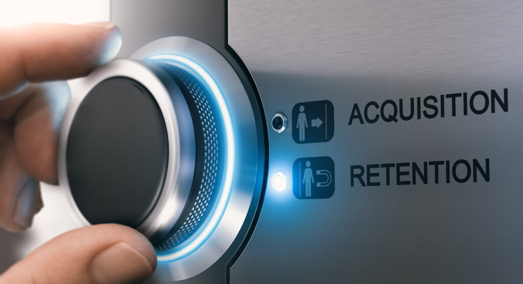 A hand turning a dial toward "Retention" instead of "Acquisition," symbolizing the importance of Member Retention Strategies in business growth.