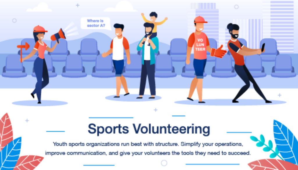 Volunteers assisting guests at a stadium, representing the importance of teamwork and communication in running a youth sports organization