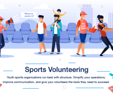 Volunteers assisting guests at a stadium, representing the importance of teamwork and communication in running a youth sports organization