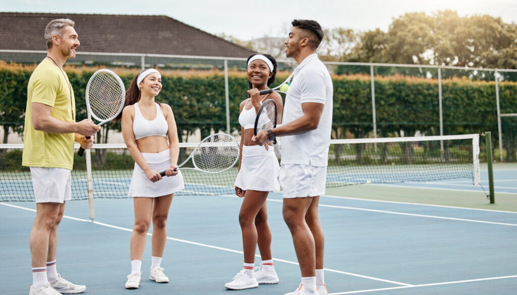 Tennis coach speaking to students on an outdoor court, highlighting how tennis club management coordinates schedules for players