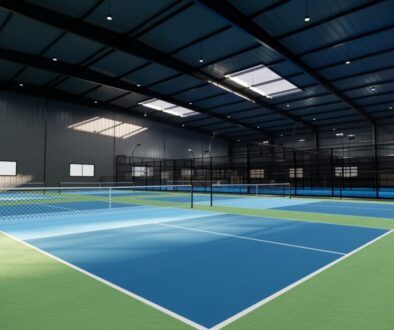 An indoor tennis facility with multiple courts, highlighting a well-planned club layout and design, an essential component of a comprehensive tennis club business plan